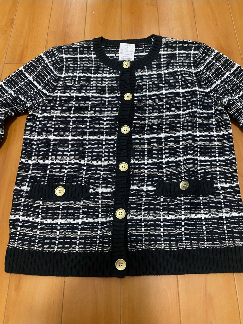 J. Crew Black and White Textured Plaid Cardigan with Gold Buttons